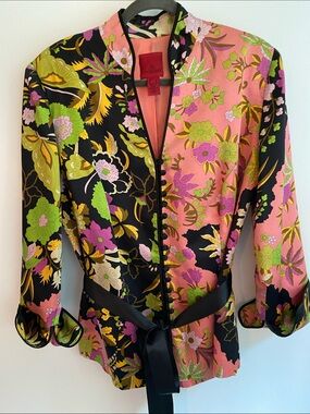 JS Collections Pink & Black Floral 100% Silk Blazer with Sash. Kimono inspired.